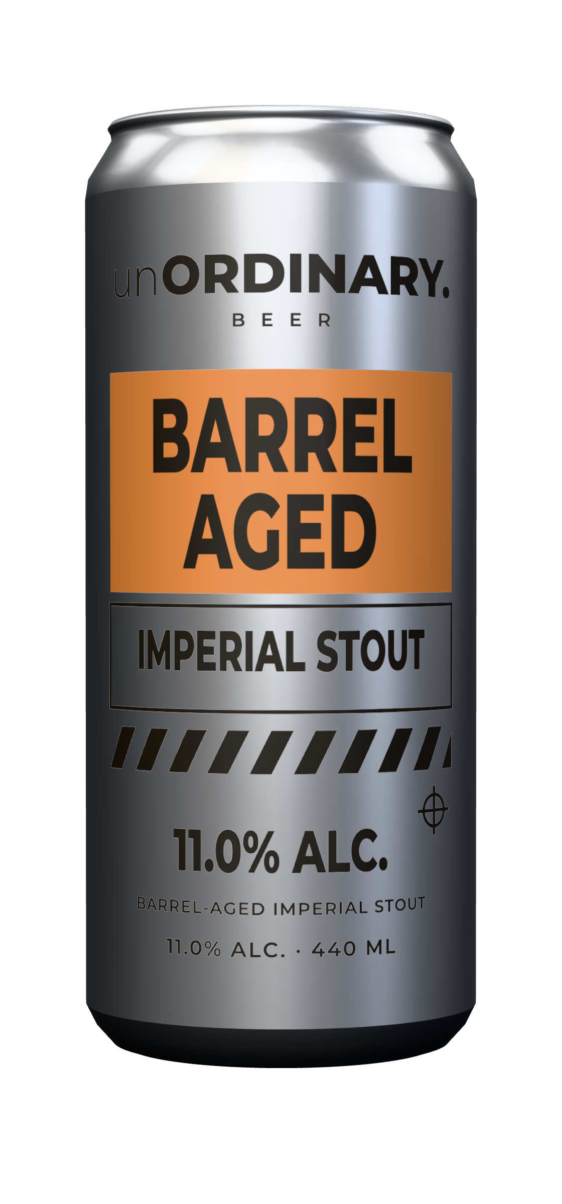 BARREL AGED IMPERIAL STOUT can: copper block, warning stripes, registration mark.